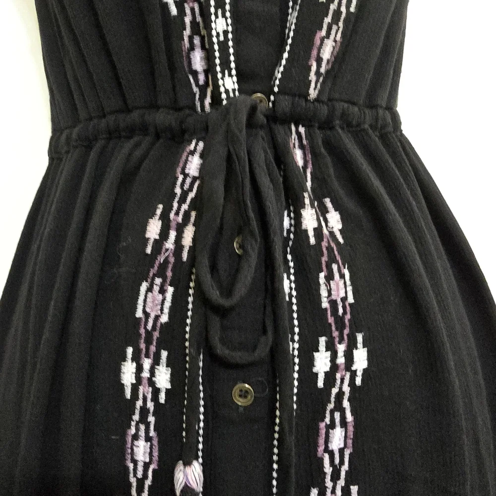 KNOX ROSE size Small Sleeveless Embroidered Tie Waist‎ Button Boho Dress Black